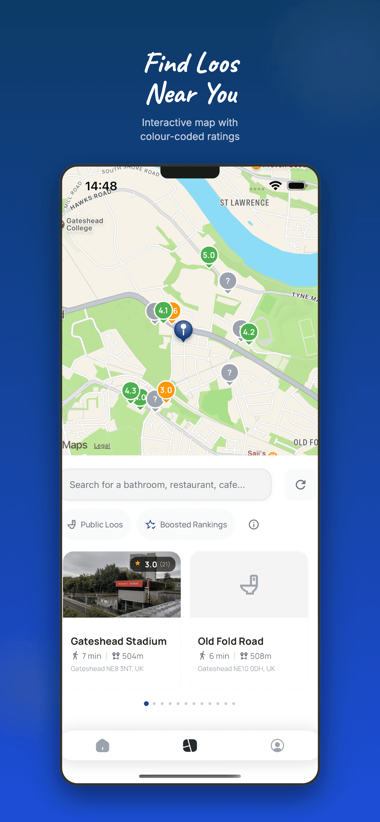 Loo Review map screen showing nearby toilets