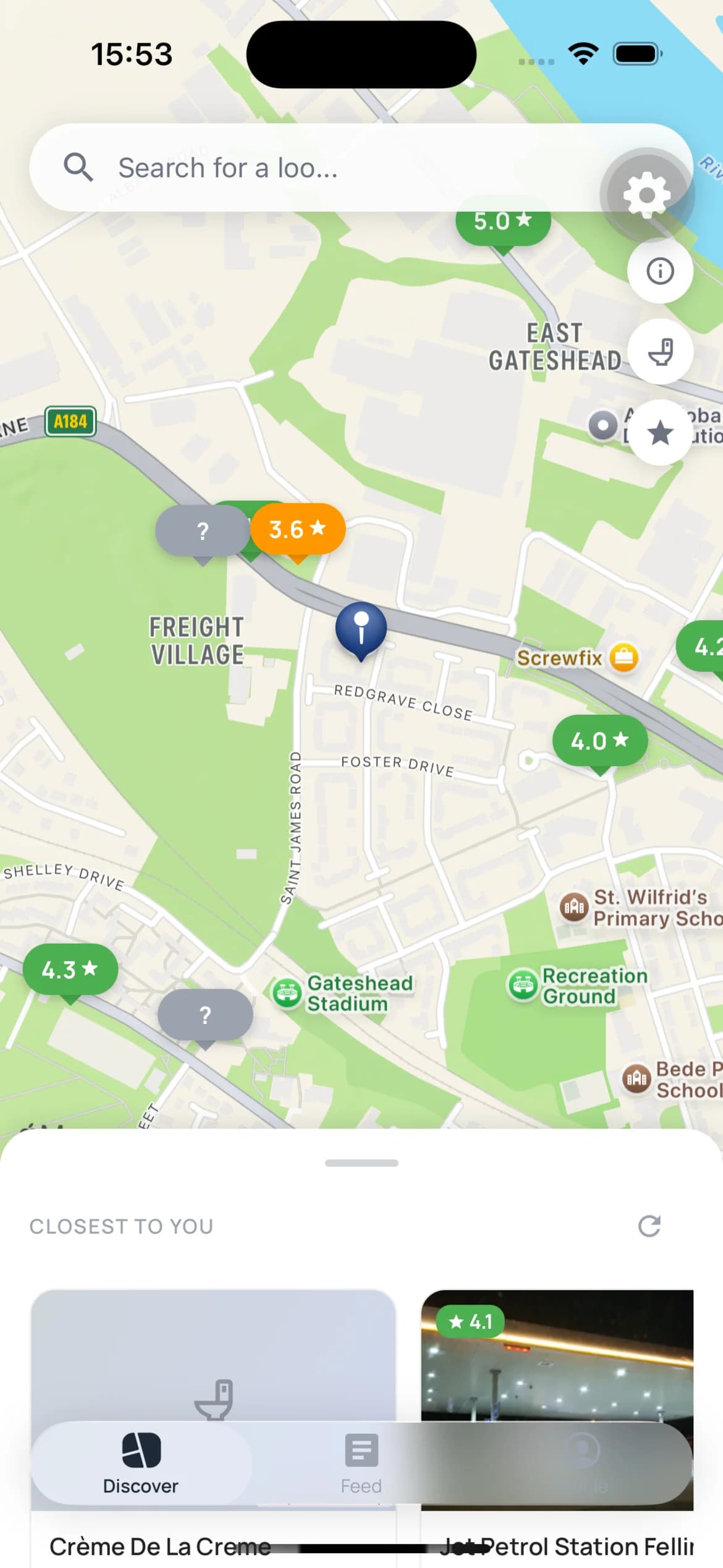 Loo Review map screen showing nearby toilets
